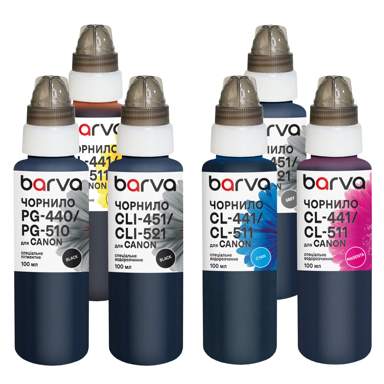 Комплект чорнил для Canon PGI-450PGBK + CLI-451BK/C/M/Y/GY спеціальні 6x100 мл, пігментне/водорозчинні, PGBK/BK/C/M/Y/GY Barva (CPGI450-100-2MP)